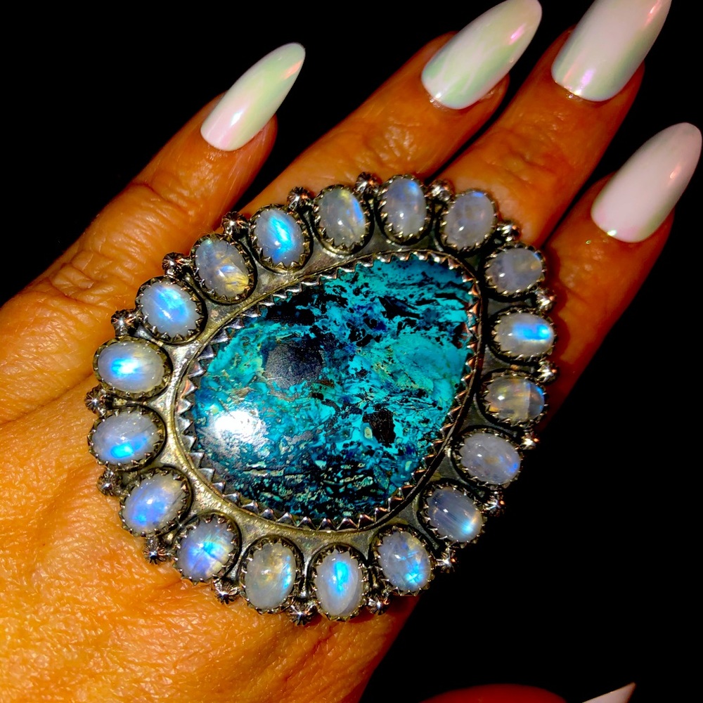 HUGE Massive Silver Moonstone & Shattuckite Ring